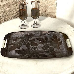 Vintage Floral Basket Weave Embossed Faux Wood Wrap Handle Serving Tray